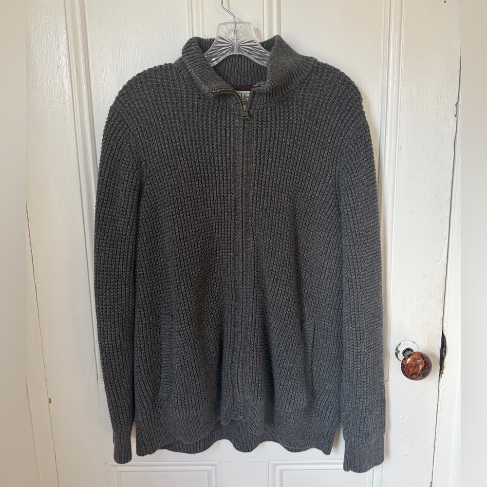 Llbean Full-Zip Chunky Knit Sweater - Charcoal Gray Size Large Cotton